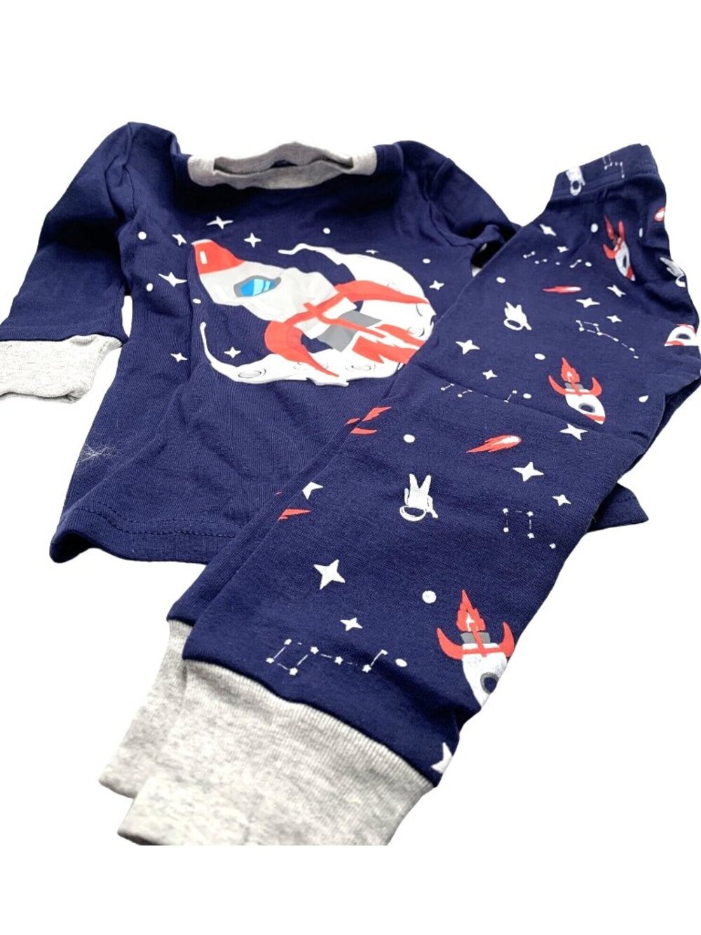 Phoebe Cat 2pc Pajama Set Size 2T Rocket Ship Moon Space Long Sleeve Pants Blue